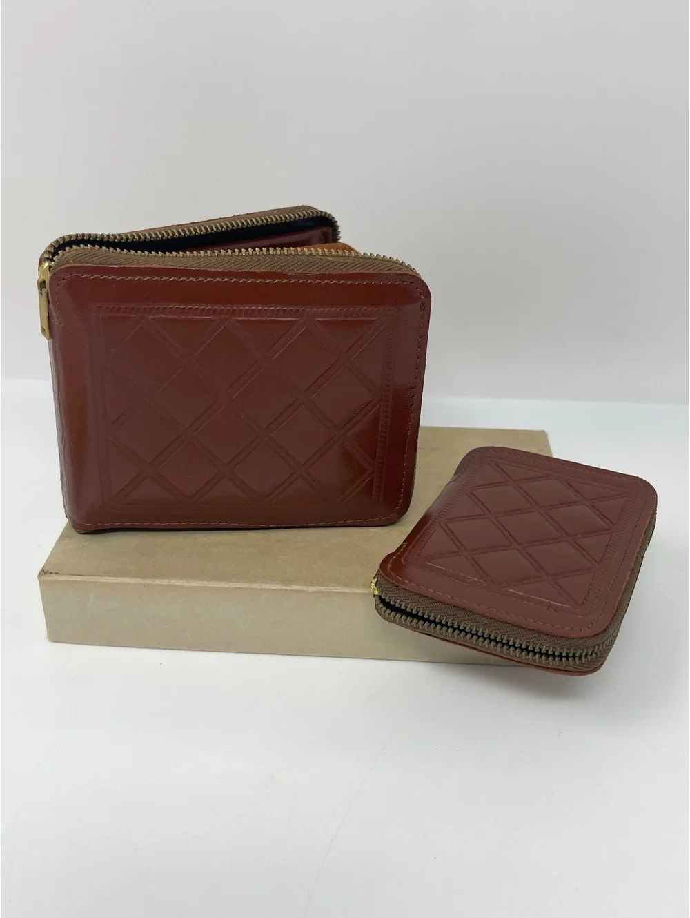 Vintage Pilgrim Amity Brown Leather Zip Wallet & Key Case Set Diamond Quilted
